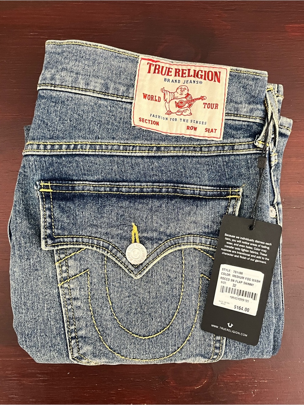 True Religion New Men's Rocco Sn Flap Relaxed Skinny Jeans Fog Wash 33x32